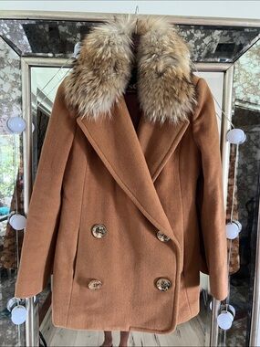 Wool Blend Double-Breasted Coat with Real Fur Collar - Camel